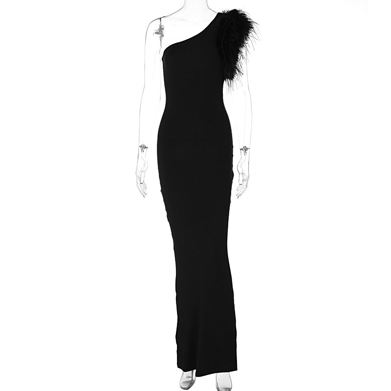 One Shoulder Feather Gown