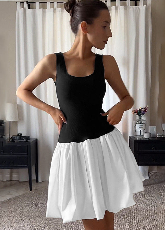 Contrast Two-Tone Scoop Neck Bubble Hem Mini Dress