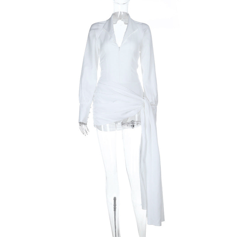 Deep V-Neck Lapel Collar Bishop Sleeve Lace Up Ruched Mini Dress