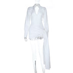 Deep V-Neck Lapel Collar Bishop Sleeve Lace Up Ruched Mini Dress