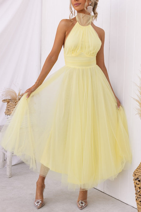 Fairy Vibes Tulle Gathered Detail Halter Maxi Dress