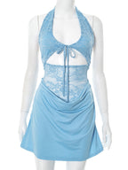 Halter Neck Deep V-Neck Tie Front Lace Panel Cut Out Mini Dress