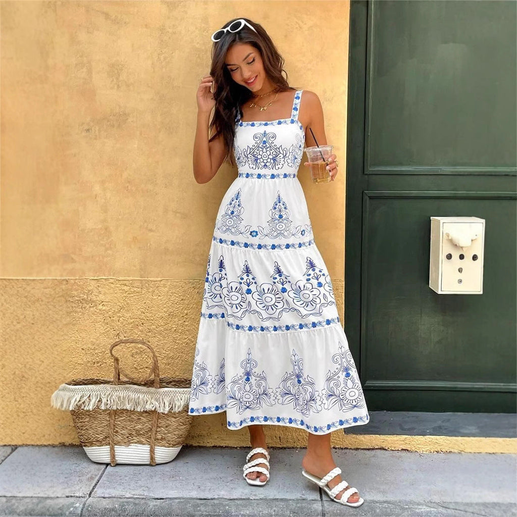 Natividad Statement Women's Floral Motif Maxi Dress with Adjustable Straps and Elastic Waistband Premium Wardrobe Essential
