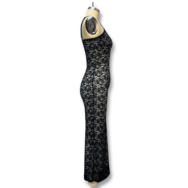 Deep V-Neck Floral Lace Spaghetti Strap Column Maxi Dress