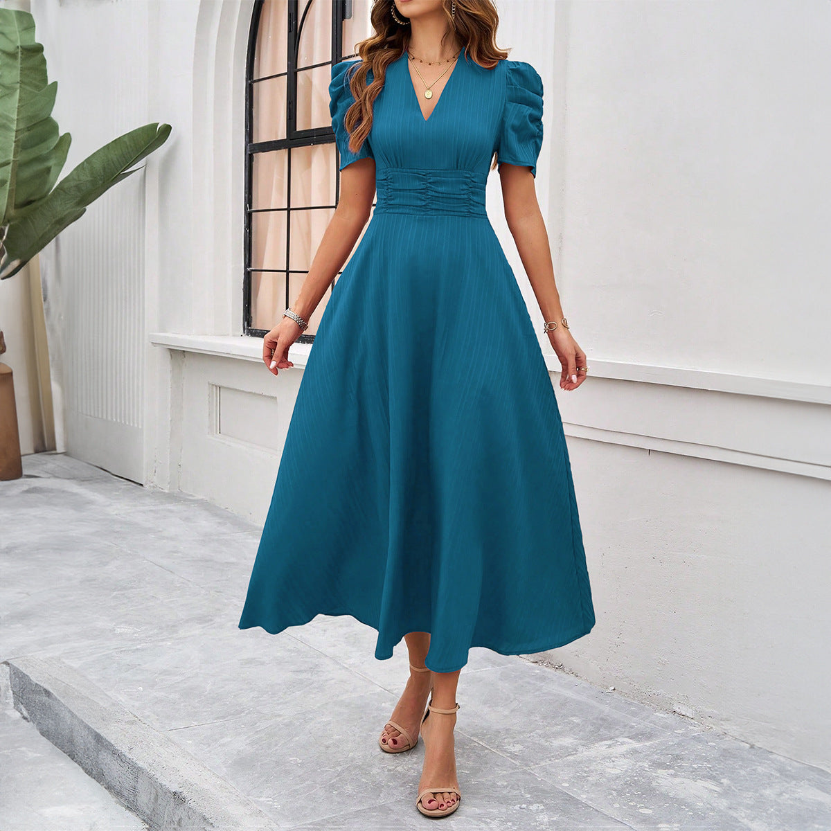 Jennifer Exclusive Dress with Puff Sleeves, V Neckline and Gathered Waist Statement Occasion Edit