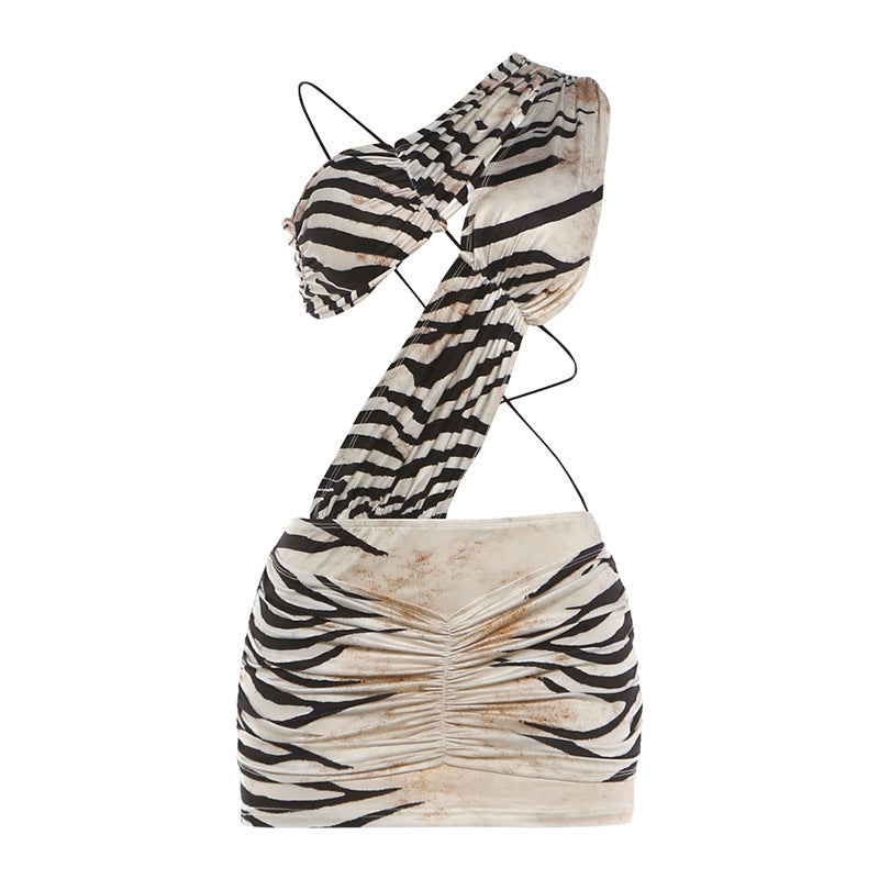 One Shoulder Zebra Print Cut Out Ruched Bodycon Mini Dress