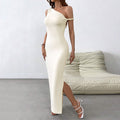 One Shoulder Twisted Strap High Split Bodycon Maxi Dress
