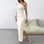 One Shoulder Twisted Strap High Split Bodycon Maxi Dress