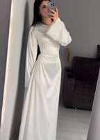 Satin Crew Neck Bell Sleeve Column Maxi Dress