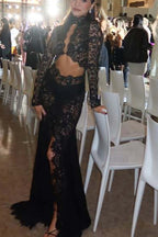 Dark Night Charm Sheer Lace Cutout Long Sleeve Stretch Maxi Dress