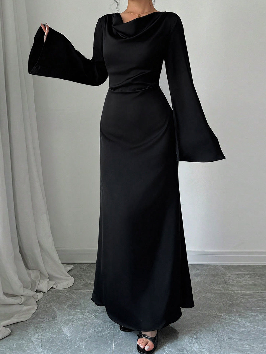 Black Cowl Neck Bell Sleeve Tie Waist Bodycon Maxi Dress