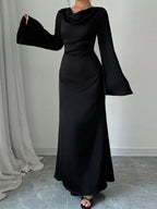 Black Cowl Neck Bell Sleeve Tie Waist Bodycon Maxi Dress