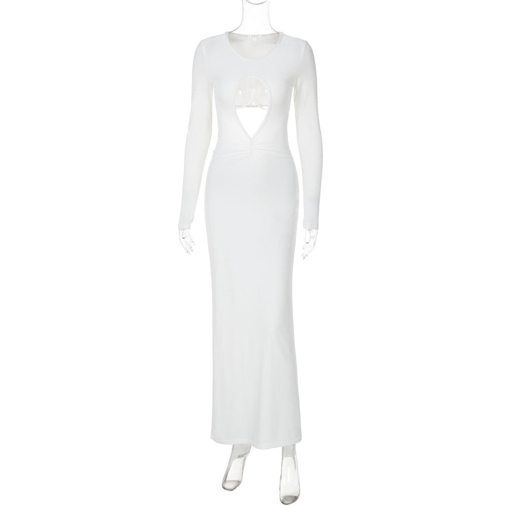 Cutout Slim Pleated Solid Color Long Sleeve Dress
