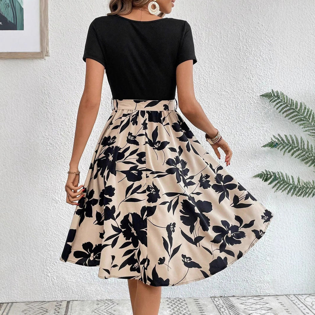 Laura Aesthetic Women's a Line Dress with Floral Skirt and Waist Belt Premium Wardrobe Essential