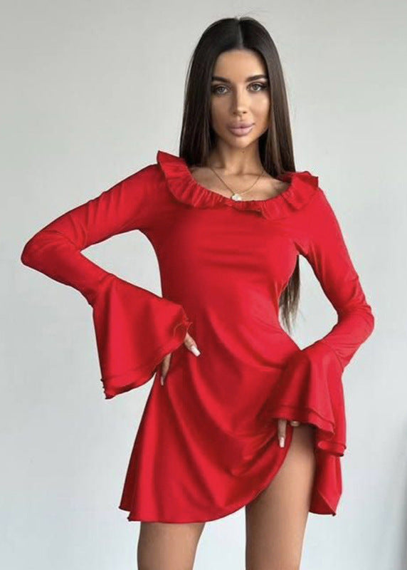 Off Shoulder Ruffle Trim Bell Sleeve Fit and Flare Mini Dress