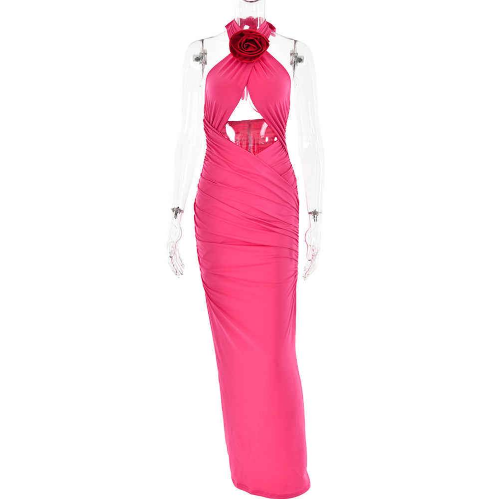 Halter Neck Rosette Applique Ruched Keyhole Cutout Bodycon Maxi Dress