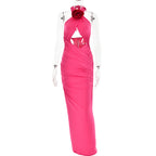 Halter Neck Rosette Applique Ruched Keyhole Cutout Bodycon Maxi Dress
