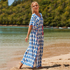 Rayon Positioning Printing Beach Cover-up Vacation Maxi Dress Sun Protection Shirt Beach Cover Up