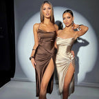 Satin Cowl Neck Spaghetti Strap Twist Hip High Split Maxi Dress