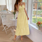 Spaghetti Strap Corset Bodice Bow Tie Tiered Pintuck Midi Dress
