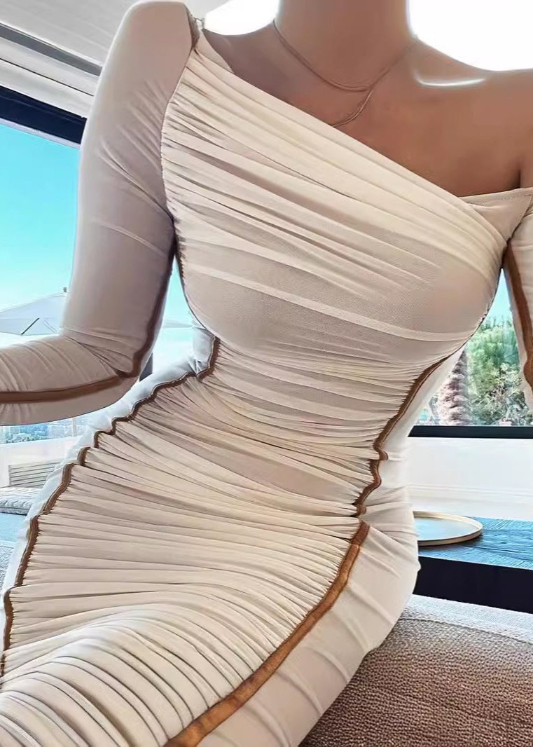 One Shoulder Long Sleeve Ruched Mesh Bodycon Midi Dress