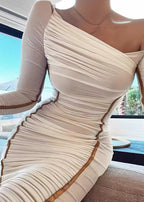 One Shoulder Long Sleeve Ruched Mesh Bodycon Midi Dress