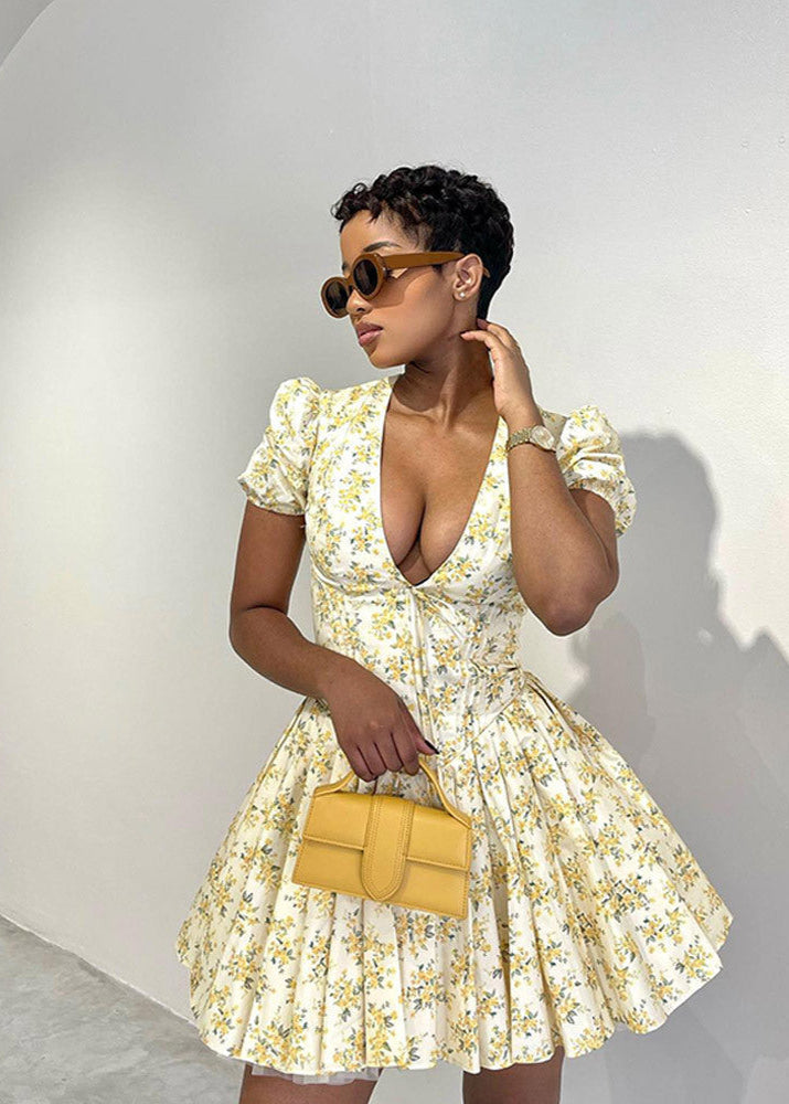 Deep V-Neck Puff Sleeve Corset Hook Front Floral Print Fit and Flare Mini Dress