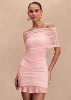 Off Shoulder Ruched Mesh Ruffle Hem Mini Dress