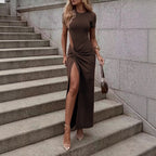 Knit Short Sleeve Crew Neck Twist Knot Side Cut Out High Split Maxi Dress