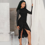Mesh Ruched Long Sleeve Boat Neck Asymmetric Ruffle Hem Midi Dress