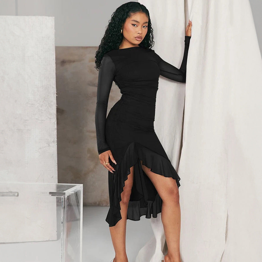 Mesh Ruched Long Sleeve Boat Neck Asymmetric Ruffle Hem Midi Dress