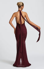 Halter Neck Plunging Ruched High-Low Mermaid Maxi Dress