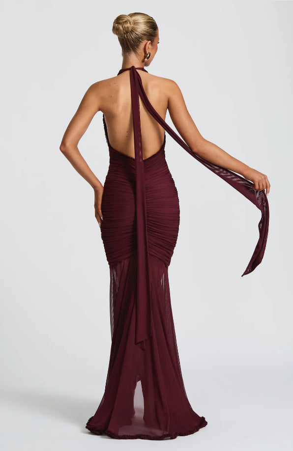 Halter Neck Plunging Ruched High-Low Mermaid Maxi Dress