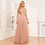 Off The Shoulder Sling Double V neck Sequ Embroidery Stitching Party Dress Elegant A Swing Tulle Dress