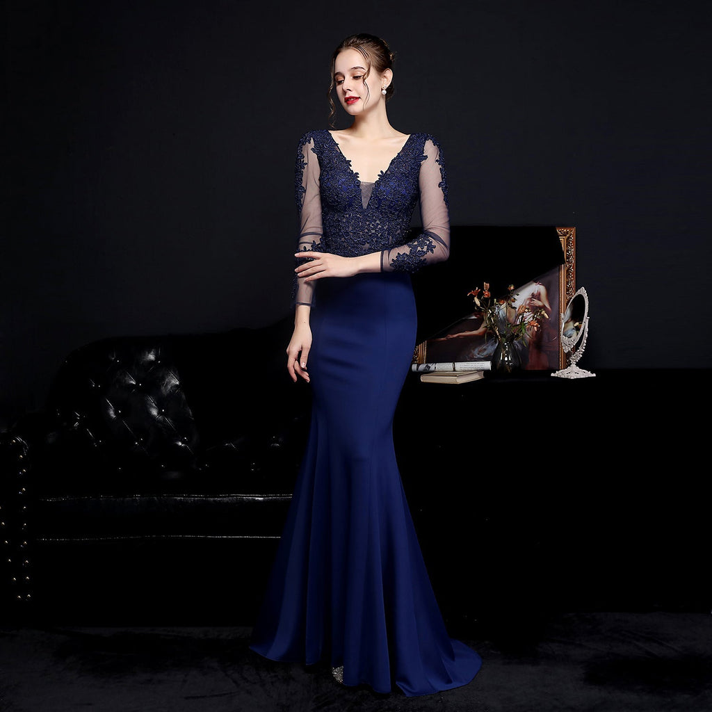 Floral Lace Illusion Long Sleeve Mermaid Trumpet Formal Gown