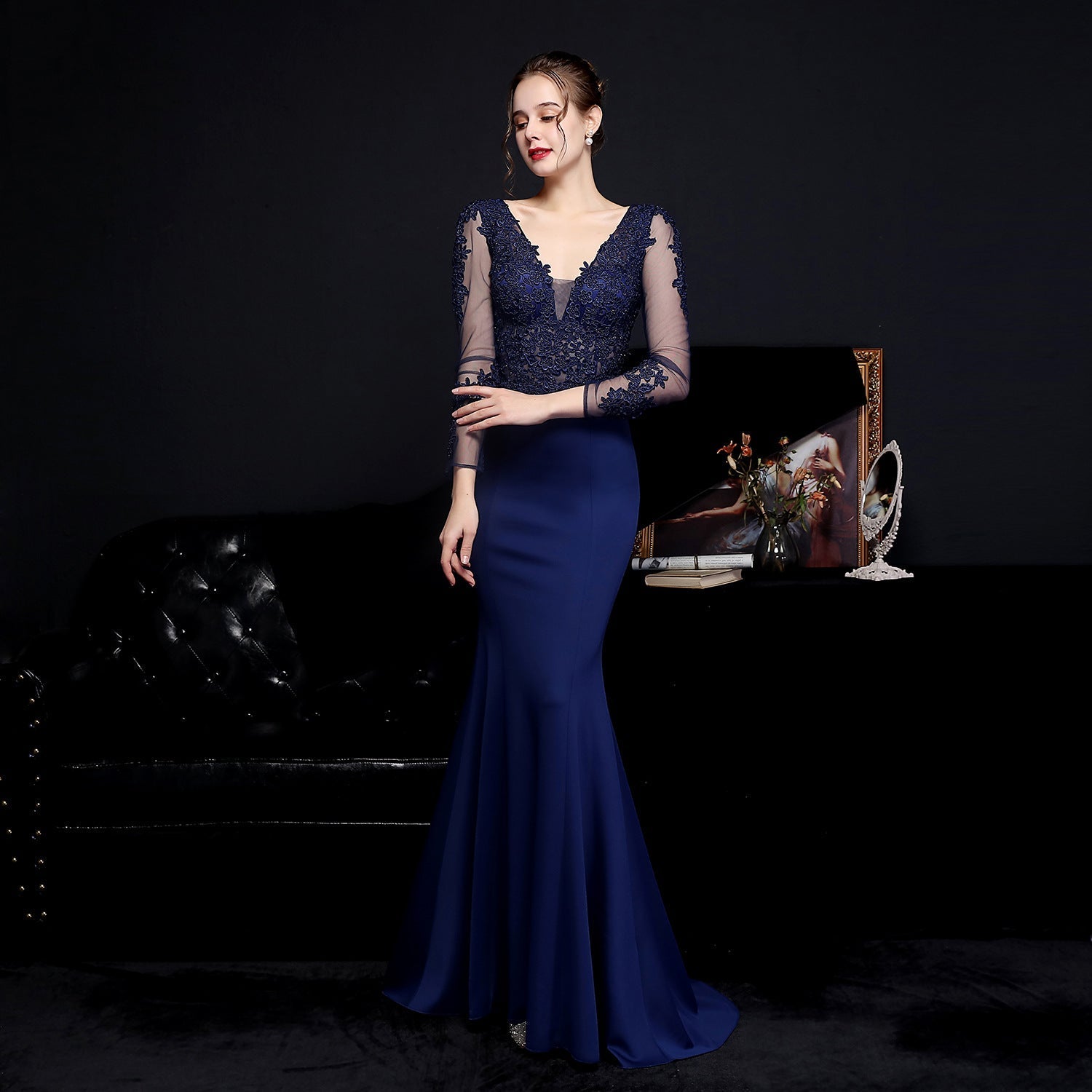 Floral Lace Illusion Long Sleeve Mermaid Trumpet Formal Gown