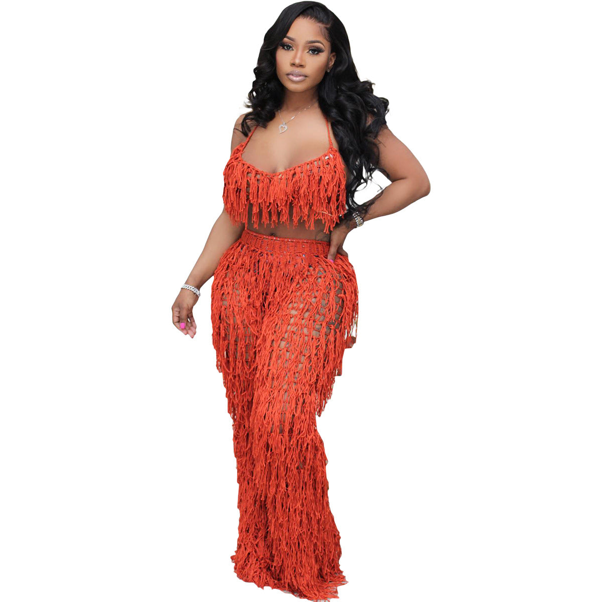 Sexy See through Crochet Tassel Beach Suit