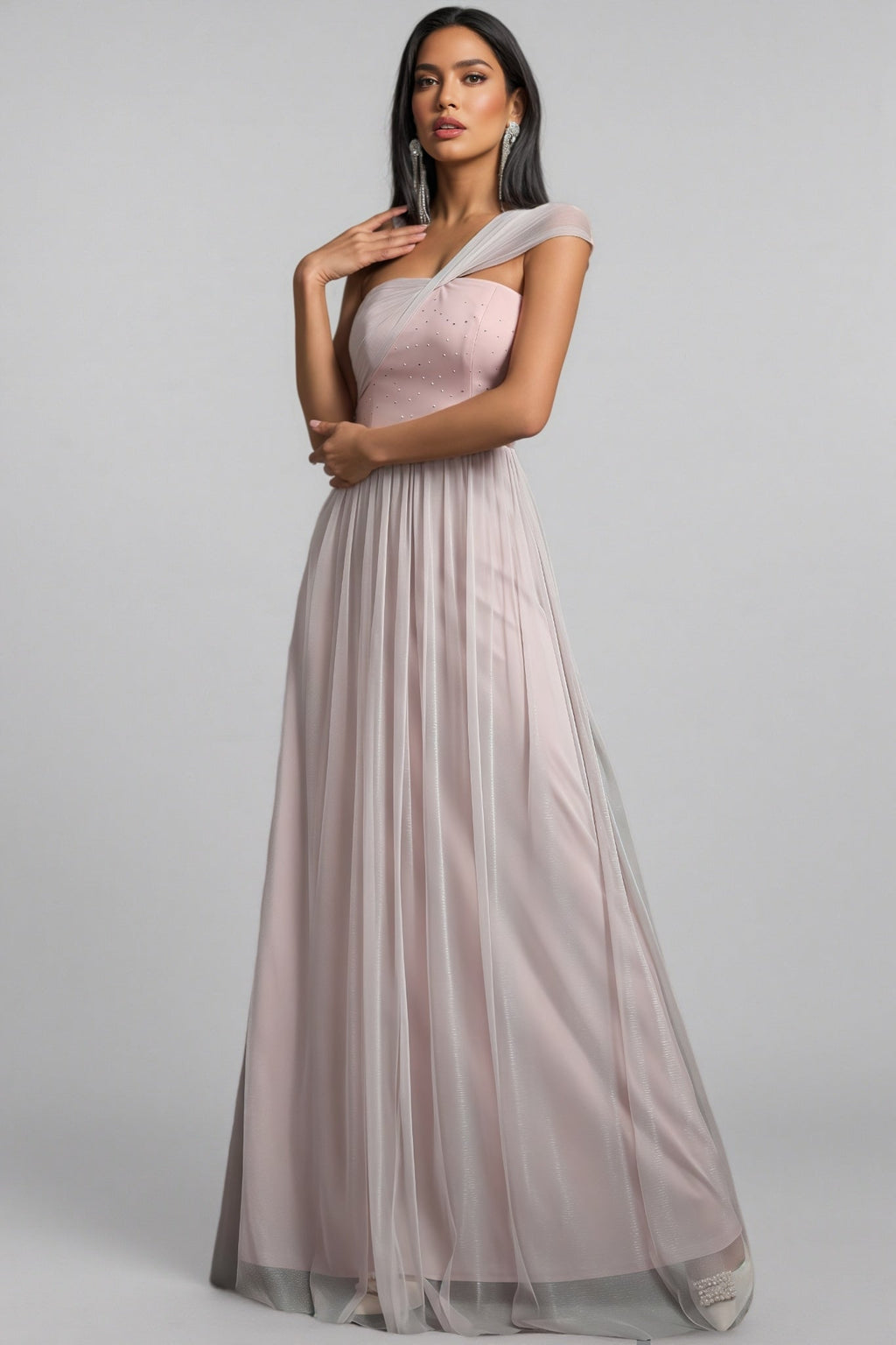 Ayven Pink One-Shoulder Mesh Maxi Dress