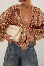 Fashion Sequined Long-sleeved V-neck Loose Lace-up Cardigan