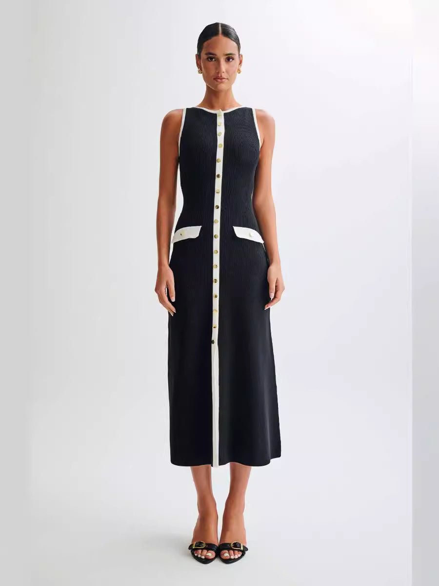 Ribbed Knit Button Front Contrast Trim Sleeveless Midi Dress