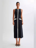 Ribbed Knit Button Front Contrast Trim Sleeveless Midi Dress