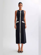 Ribbed Knit Button Front Contrast Trim Sleeveless Midi Dress