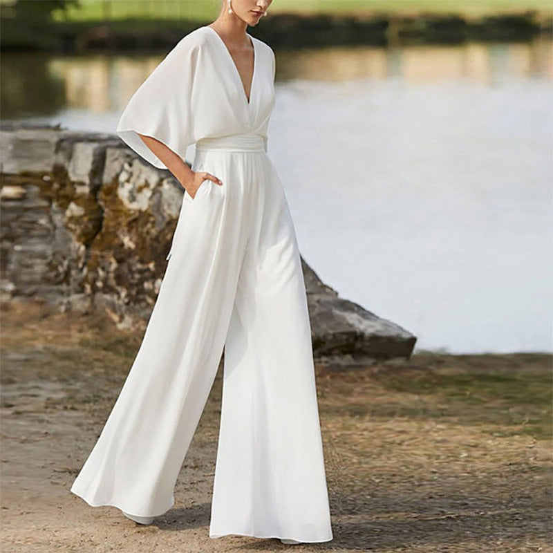 Deep V Plunge High Waist Wide Leg Trousers