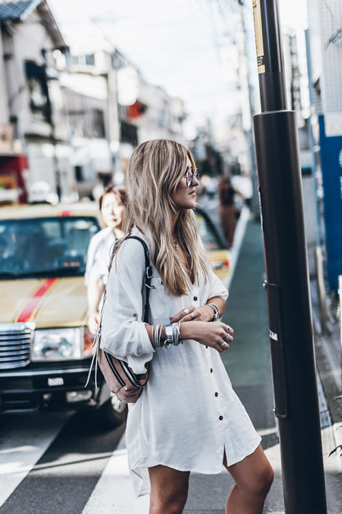 Button Front Collar Long Sleeve Rolled Cuff Shirt Mini Dress