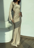 Satin Crew Neck Bell Sleeve Column Maxi Dress