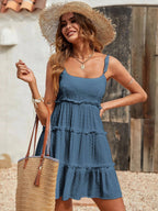 Flattering Tiered Ruffle Empire Waist Mini Summer Sundress - Gray Blue