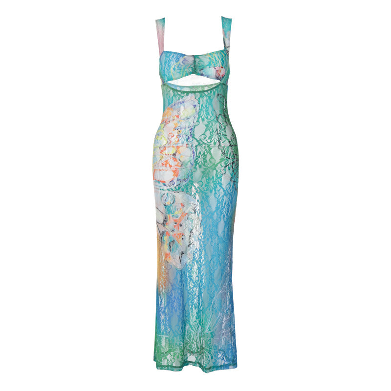 Sweetheart Neck Wide Strap Butterfly Print Burnout Mesh Bodycon Maxi Dress