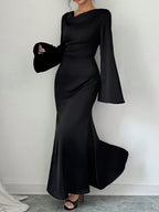 Black Cowl Neck Bell Sleeve Tie Waist Bodycon Maxi Dress