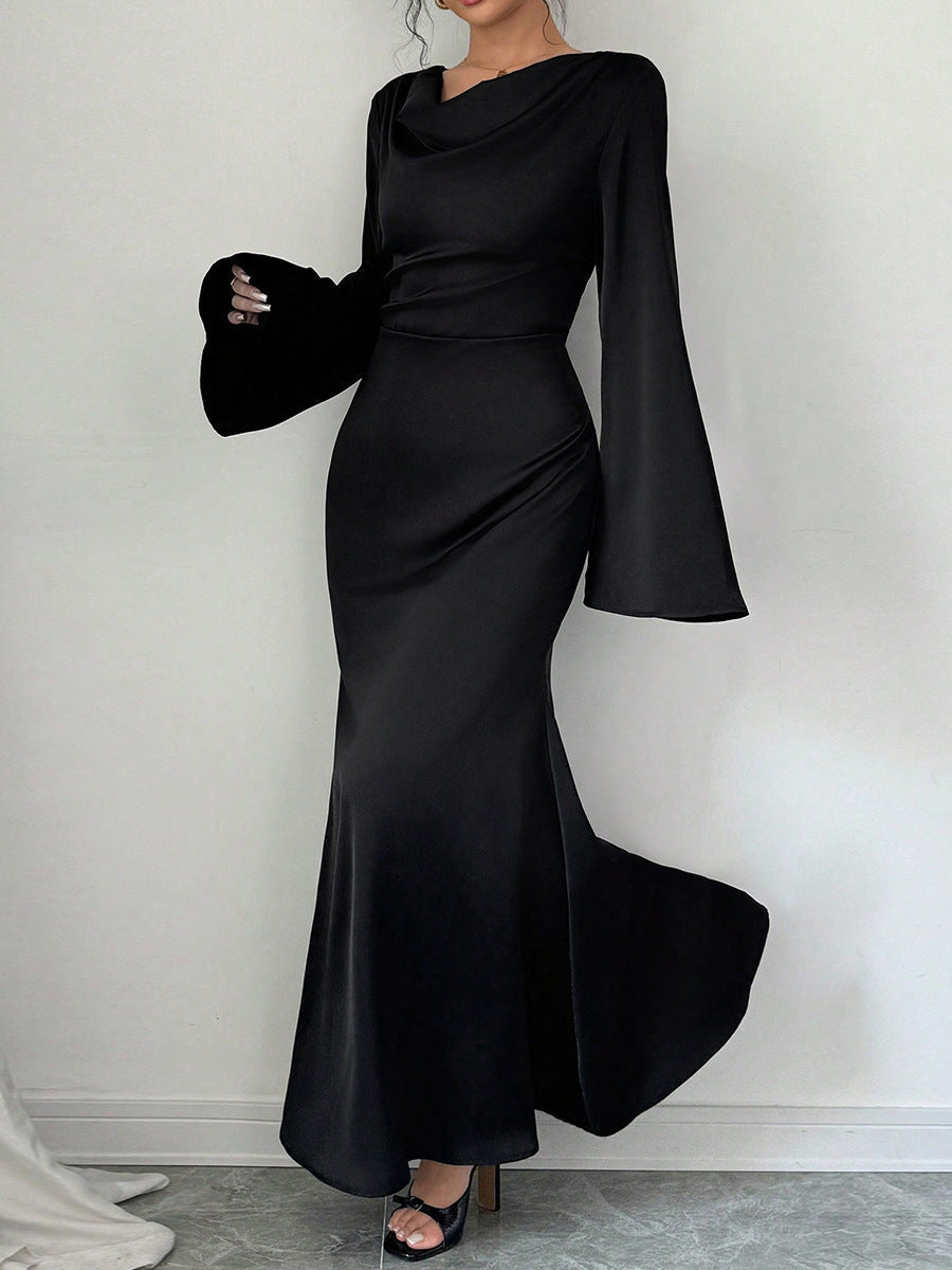 Black Cowl Neck Bell Sleeve Tie Waist Bodycon Maxi Dress