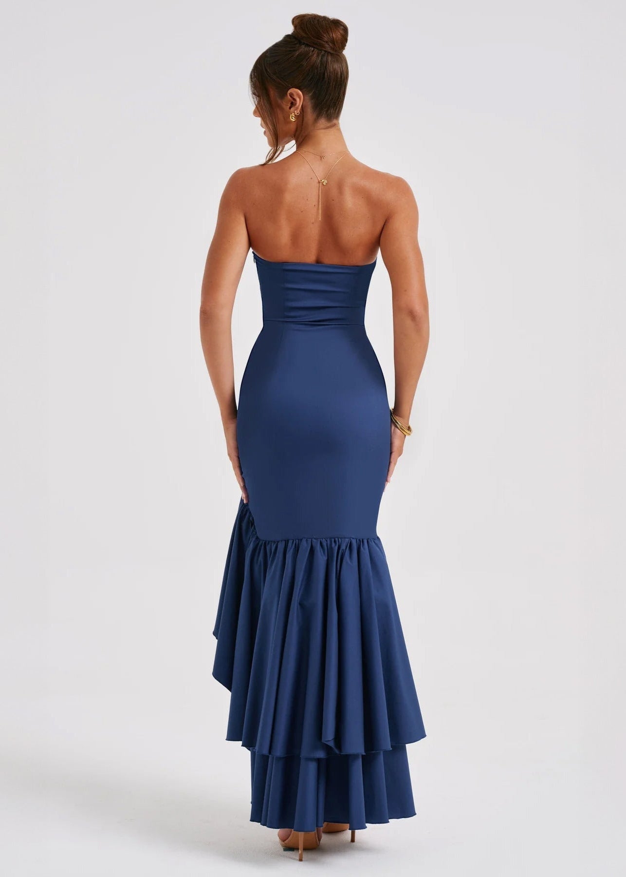 Strapless Ruffle Cascade High-Low Maxi Gown